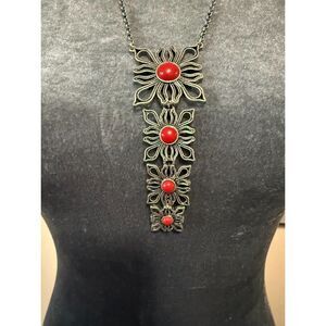 Vintage Silver Tone Necklace with Red Cabochon Accents Floral Design 22"